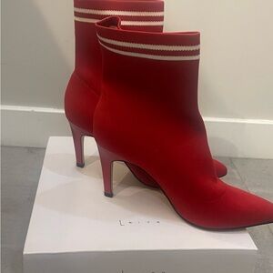 Leith Red Stretch Sock Booties with Contrast Striped Trim